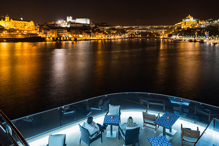 Porto, Portugal at night from Aquavit Terrace of Viking Torgil